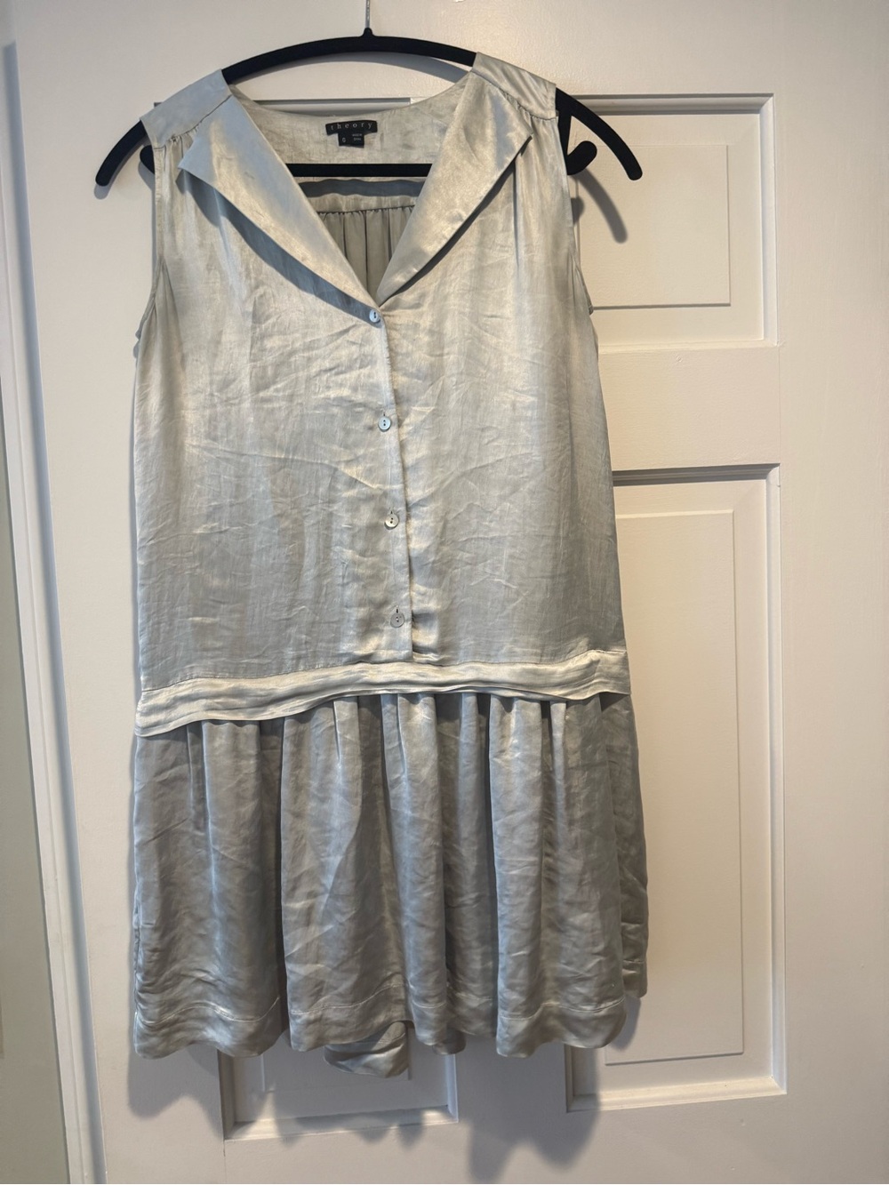 Theory Silver Satin Sleeveless Drop-Waist Mini Dress
